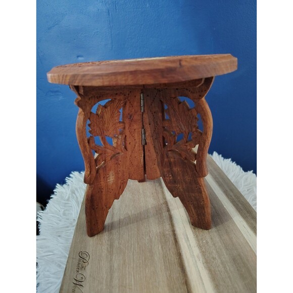 Hand Carved Sheesham Wood Inlay Plant Stand 9 1/2" T X 9" Diameter